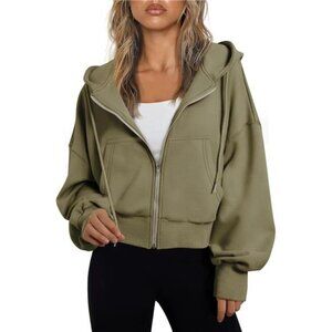 Women's Full Zip-Up Cropped Hoodie Sweatshirt Casual Comfy Gym Jacket